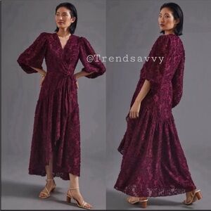 Anthropologie Hutch Rosa Floral Wrap Maxi Dress Petite SP Wine NWT